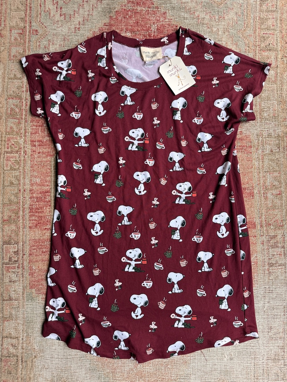 munki munki Maroon Snoopy & Woodstock Short Sleeve Nightdress